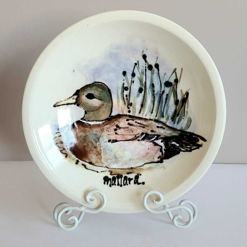 Large 10 3/4'' wide hand made ceramic plate with hand painted Mallard duck.